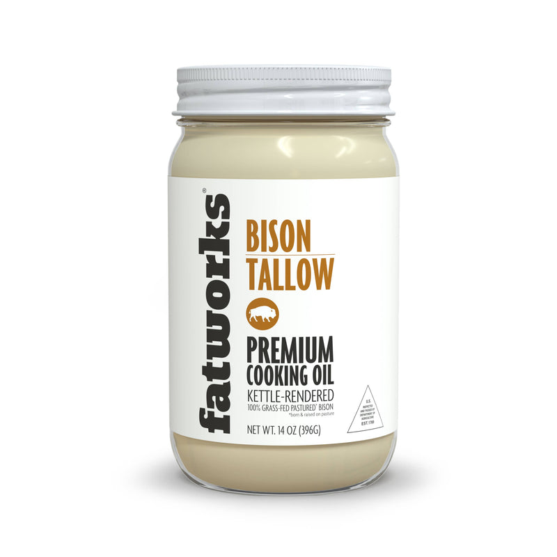 Fatworks Grass Fed Bison Tallow (14 oz) in a glass jar, ideal for cooking, sourced from 100% grass-fed bison, perfect for low-carb diets.