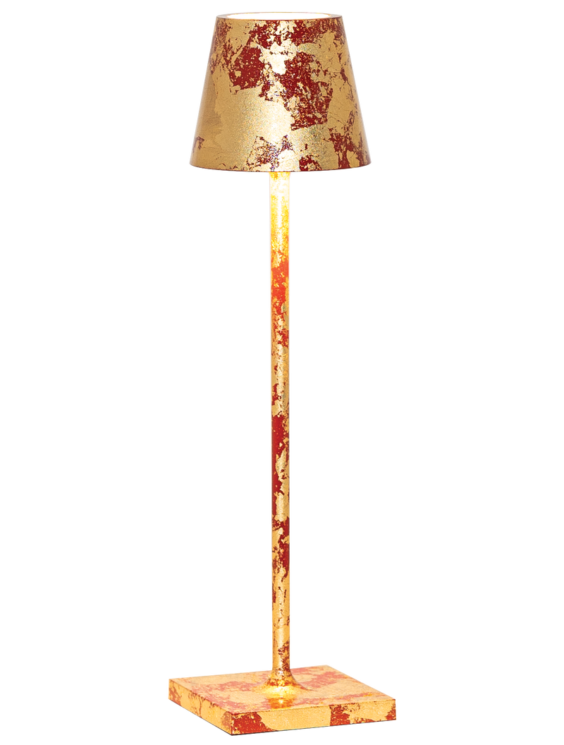 Zafferano America - Poldina Pro Micro Cordless Lamp: Sand, featuring a red lampshade and metal base, suitable for indoor use with dimmable LED functionality.