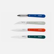 Opinel | Essential Small Kitchen Knife Sets Landscape: A set of four Opinel kitchen tools with colored wooden handles and stainless-steel blades, ideal for everyday food preparation.
