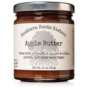 Southern Roots Sisters Apple Butter in an 11 oz glass jar, showcasing rich brown butter made with apples, cider, spices, and pure cane sugar.