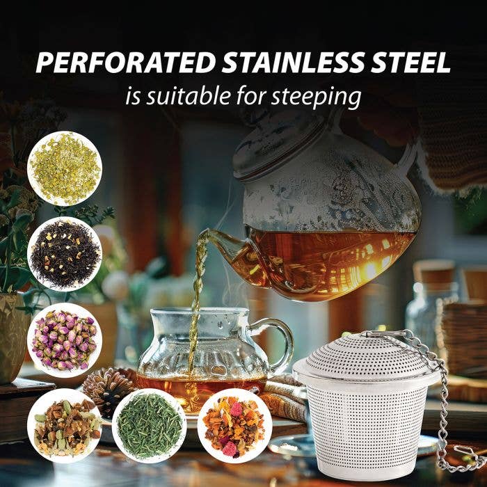 HIC Kitchen Barrel Tea Infuser, Large, shown with a glass teapot and various herbal teas, ideal for convenient loose-leaf brewing.