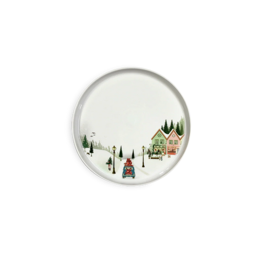 Pillivuyt Winter Decor Toulouse Plate, Set of 4, featuring a charming village scene with snowy lanes, vintage street lamps, and a gift-laden car.