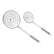 Kuhn Rikon | Spider Skimmer, Small: Two stainless steel wire mesh skimmers with sturdy handles, perfect for lifting and draining foods from hot liquids, ideal for kitchen use.
