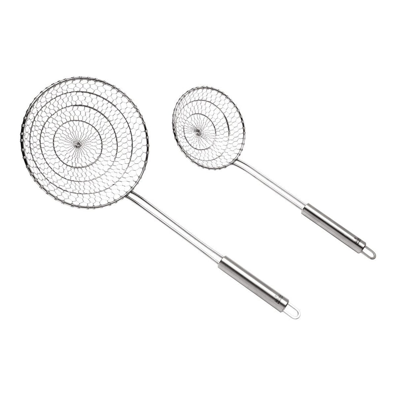 Kuhn Rikon | Spider Skimmer, Small: Two stainless steel wire mesh skimmers with sturdy handles, perfect for lifting and draining foods from hot liquids, ideal for kitchen use.