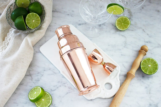 Coppermill Kitchen Vintage Inspired Jigger and Shaker, featuring intricate Art Deco patterns, designed for elegant mixology in home bars.