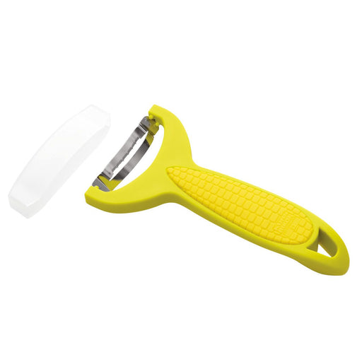 Kuhn Rikon | Corn Zipper, Yellow: A Y-shaped peeler with a stainless-steel blade and yellow grip, featuring a protective blade guard for safe corn kernel removal.