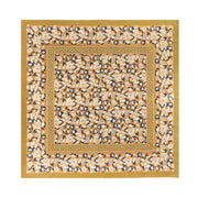 Couleur Nature - Forest Harvest Mustard & Blue tablecloth with floral and vine patterns, showcasing artisan craftsmanship in a vintage-inspired design, 71 x 106.