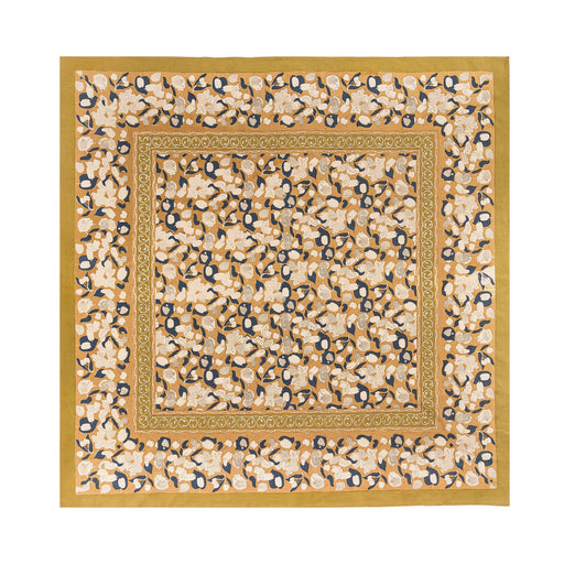 Couleur Nature - Forest Harvest tablecloth with mustard-yellow floral and vine design, 71 x 71, hand-printed linen, inspired by Southern France, perfect for enhancing dining settings.