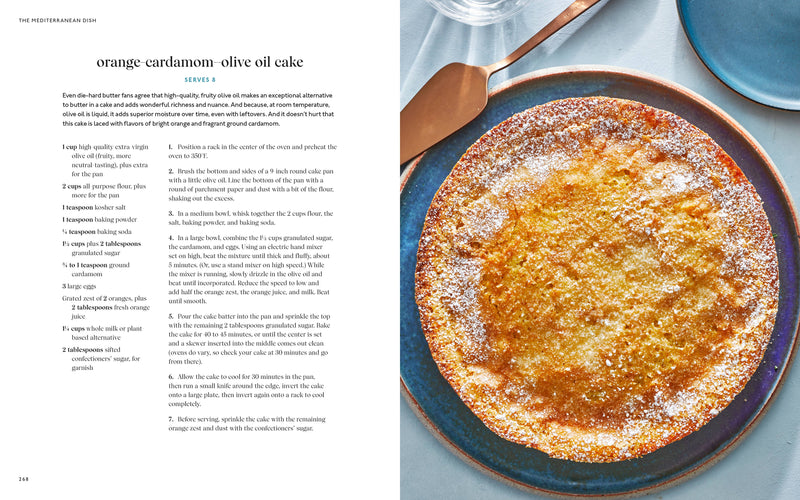 Penguin Random House LLC - The Mediterranean Dish cookbook spread featuring an orange-cardamom-olive oil cake recipe with ingredients, instructions, and a photo of the finished cake.