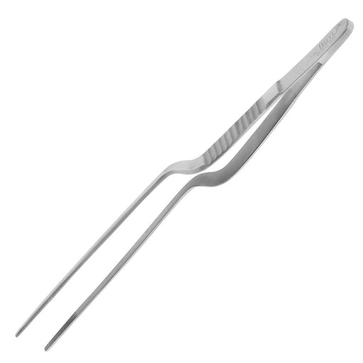 de Buyer Stainless Steel Long Curve Tweezer, ideal for precision tasks in the kitchen, showcased on a plain background, emphasizing its sleek, ergonomic design.