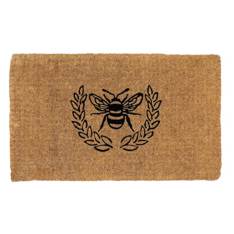 Entryways | Handmade Estate Doormat, Queen Bee, 24 x 36 showcases a black bee and laurel design on tan coir, ideal for Athens Cooks customers.