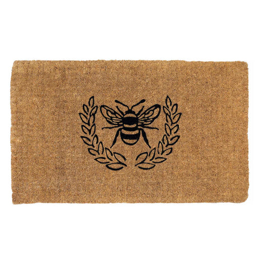 Entryways | Handmade Estate Doormat, Queen Bee, 24 x 36 showcases a black bee and laurel design on tan coir, ideal for Athens Cooks customers.