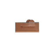 Messermeister Leather Magnetic Edge-Guard - 4: Brown, a stitched leather sheath with embossed Messermeister, designed to protect and store a chef’s knife safely.