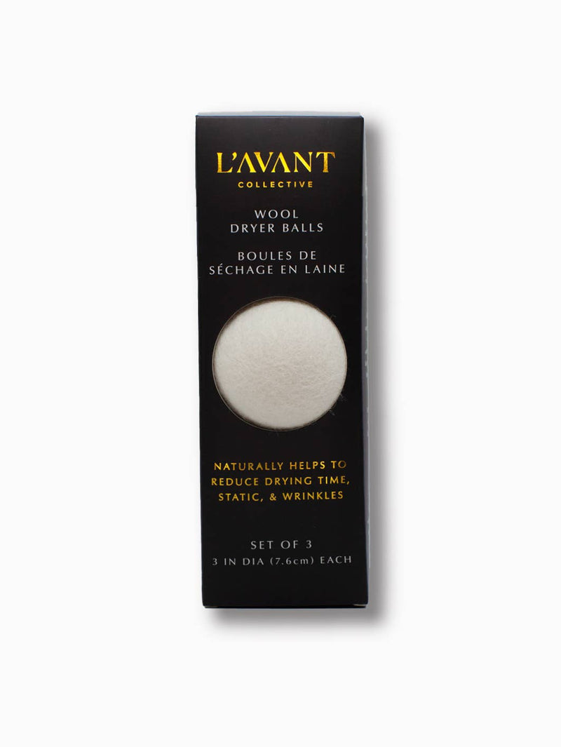 L'AVANT Collective - Wool Dryer Balls - Pack of 3: New Zealand wool balls in eco-friendly packaging, reducing drying time, static, and wrinkles for a sustainable laundry solution.