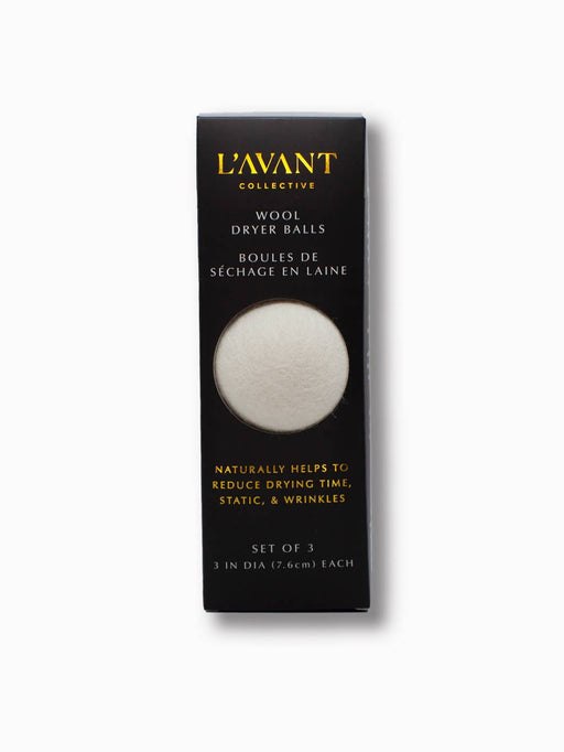 L'AVANT Collective - Wool Dryer Balls - Pack of 3: New Zealand wool balls in eco-friendly packaging, reducing drying time, static, and wrinkles for a sustainable laundry solution.