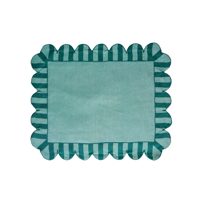Misette | Jardin Embroidered Linen Scalloped Stripe Double-Sided Placemats in Green