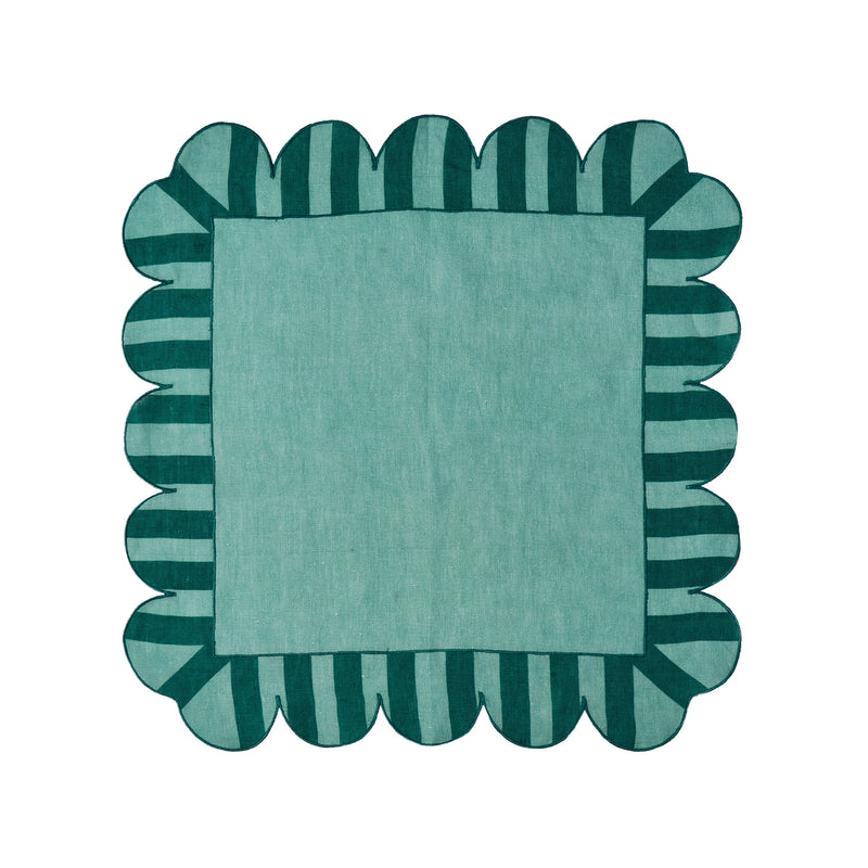 Misette | Jardin Embroidered Linen Scalloped Stripe Napkins, Green
