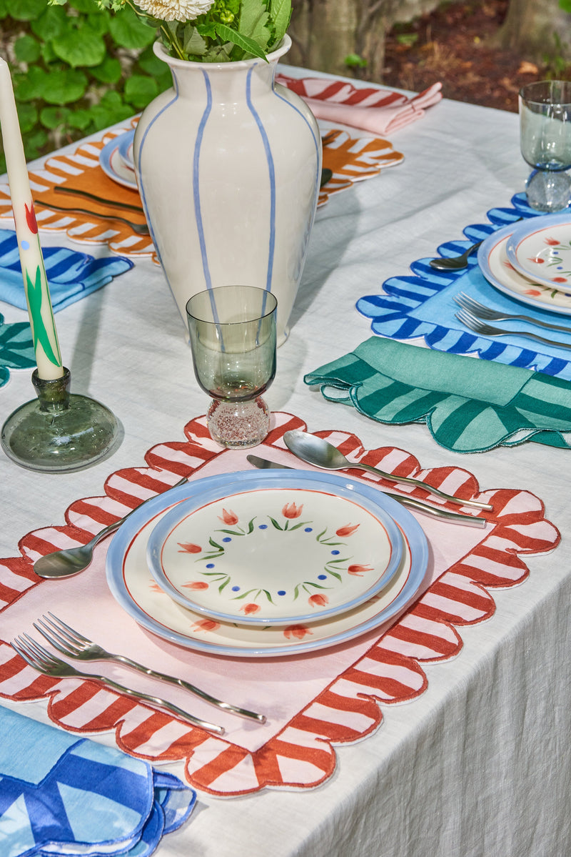 Misette | Jardin Embroidered Linen Scalloped Stripe Napkins, Green