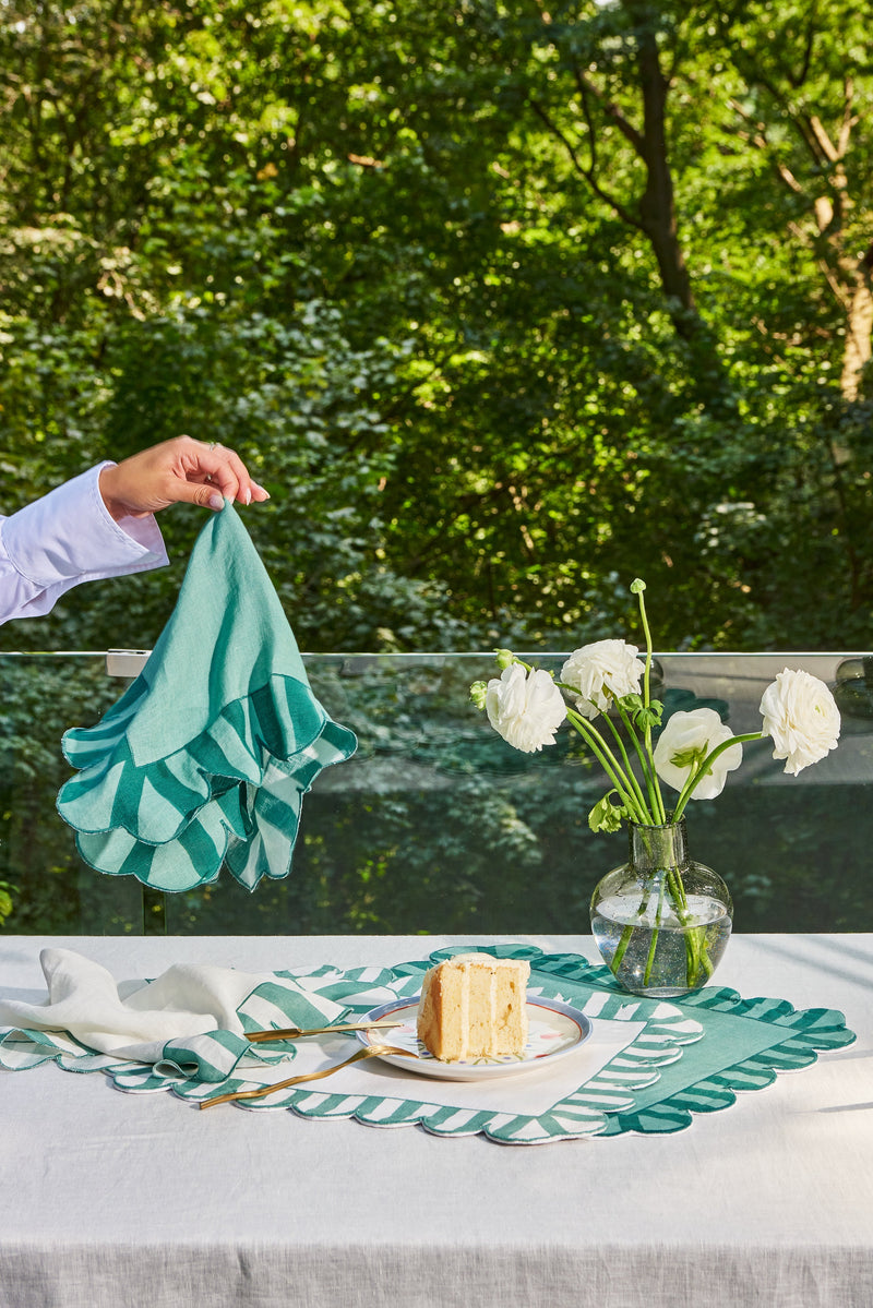 Misette | Jardin Embroidered Linen Scalloped Stripe Double-Sided Placemats in Green