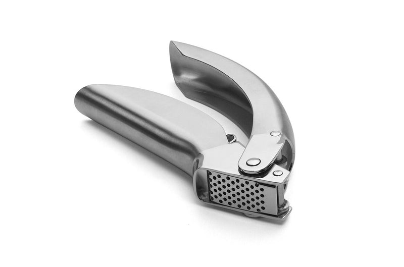 Kuhn Rikon | Epicurean Garlic Press: Stainless-steel tool with an ergonomic handle and pullout sieve, designed for effortless garlic pressing and easy cleanup, ideal for enhancing flavors.