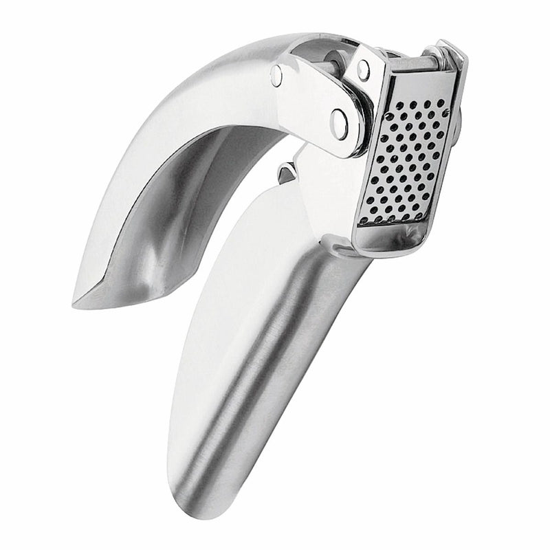 Kuhn Rikon | Epicurean Garlic Press - stainless steel, ergonomic design with pullout sieve for easy cleaning. Efficient beveled holes for enhanced garlic flavor.