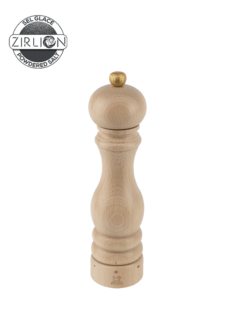 Peugeot | Paris u'Select Natural Wood Salt Mill, 9 inches, featuring a light beech finish with a brass knob, offering customizable grinding with Peugeot's exclusive u'Select system.