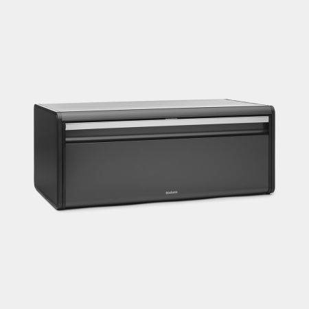 Brabantia USA Inc | Fall Front Bread Box, a space-saving rectangular bread box with a flat top and easy-open silver lid, ideal for compact kitchen storage.