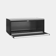 Brabantia USA Inc | Fall Front Bread Box, a sleek metal bread box with a space-saving rectangular design, large lid grip, and wall-mounting option, perfect for kitchen storage.