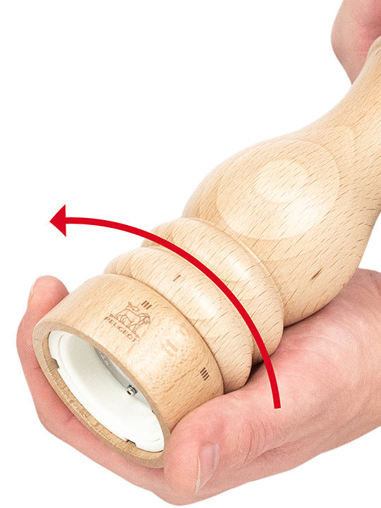 Peugeot | Paris u'Select Natural Wood Salt Mill, 12 inches, featuring a light-wood body, adjustable grind-size collar, and engraved Peugeot logo, held in hand.
