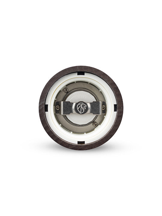 Peugeot Paris u'Select Wood Salt Mill, Chocolate, with elegant curves and u'Select grind control, featuring a lion's head knob, ideal for refined cooking.