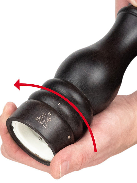 Peugeot Paris u'Select Wood Salt Mill, 12-inch, shown with adjustable grind collar, held in hand. Perfect for enhancing kitchen experiences at Athens Cooks.