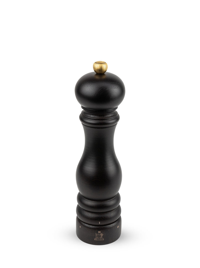 Peugeot | Paris u'Select Wood Pepper Mill Chocolate, 9 inches, featuring a classic hourglass shape and brass knob, ideal for grinding peppercorns with adjustable coarseness.