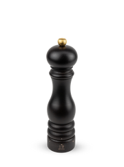 Peugeot Paris u'Select Wood Pepper Mill, 9-inch, with black finish, brass knob, and Peugeot logo, featuring ergonomic design and adjustable grind mechanism.