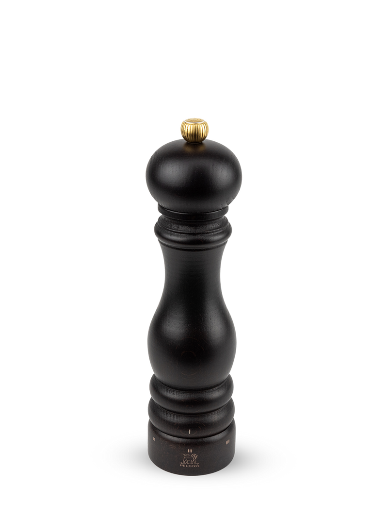 Peugeot | Paris u'Select Wood Salt Mill, Chocolate: Classic turned-wood design with brass knob, featuring six grind settings for precise seasoning. Ideal for refined, authentic cooking.