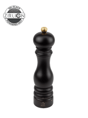 Peugeot Paris u'Select Wood Salt Mill in chocolate finish, featuring a brass knob, fineness calibration, and a lion logo, ideal for refined cooking.