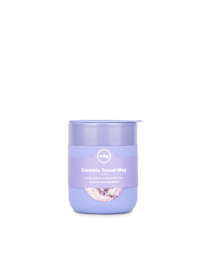 W&P - Reusable Ceramic Mug: Terrazzo Blush, 16 oz, featuring a purple label and splash-resistant lid, ideal for eco-friendly, on-the-go sipping.