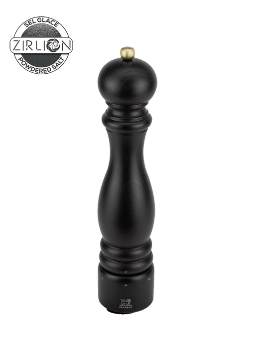 Peugeot | Paris u'Select Wood Salt Mill, 12-inch, featuring a black-wood design, brass adjustment knob, and Peugeot lion emblem, ideal for grinding rock salt.