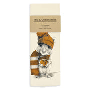 Eric & Christopher - Harvest Mouse Tea Towel featuring a mouse in a beanie and scarf holding a pumpkin, screen-printed on 100% cotton, 26 x 26.