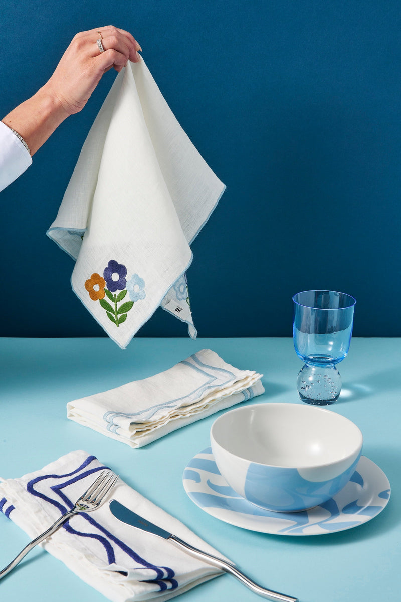 Misette | Floral Embroidered Linen Napkins in Dark Blue, Set of 4