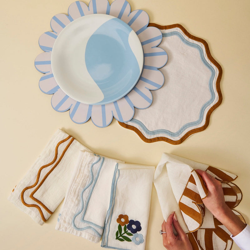 Misette | Colorblock Embroidered Linen Placemats, Blue & Amber