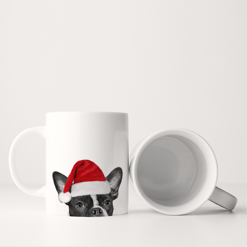 Perkie Prints - Santa Hat Boston Terrier Mug featuring a festive Boston Terrier design; perfect for adding charm to your kitchen collection.