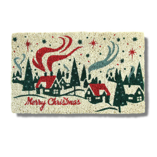 Entryways | Handmade Doormat, Christmas Village, 18 x 30, featuring a winter village scene with Merry Christmas in red script, crafted from durable coir.