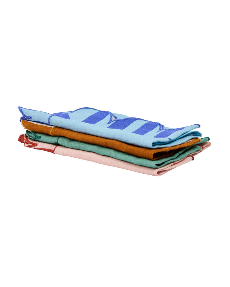Misette | Jardin Embroidered Linen Scalloped Stripe Napkins with Color Backing in Blue, Set of 4