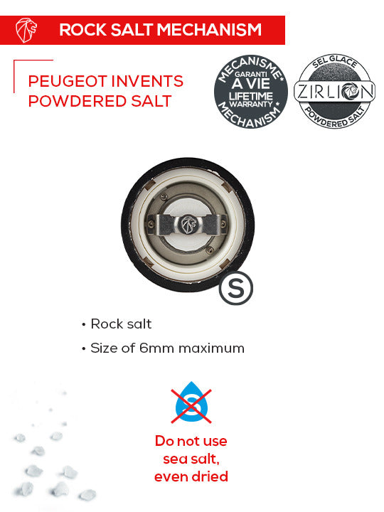 Peugeot Paris Satin Black u'Select Salt Mill, 12 inches, displaying internal Zirconia grinding mechanism, u'Select settings, and warnings for optimal rock salt usage.
