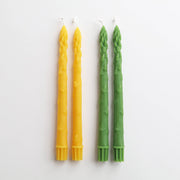 Artifaqt - Asparagus Beeswax Taper Candles (Pair): Green, molded from real asparagus spears, displayed on a white background, emphasizing their unique design and craftsmanship.