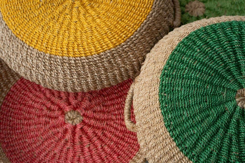 NEEPA HUT - Iris Tray I Yellow: A handwoven seagrass tray with vibrant yellow accents, ideal for serving food or organizing items, crafted by artisans in the Philippines.
