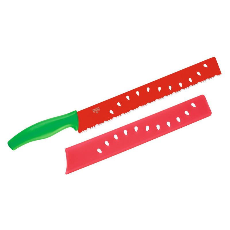 Kuhn Rikon | Original Melon Knife with red serrated blade, green ergonomic handle, and matching sheath, designed for slicing melons efficiently.