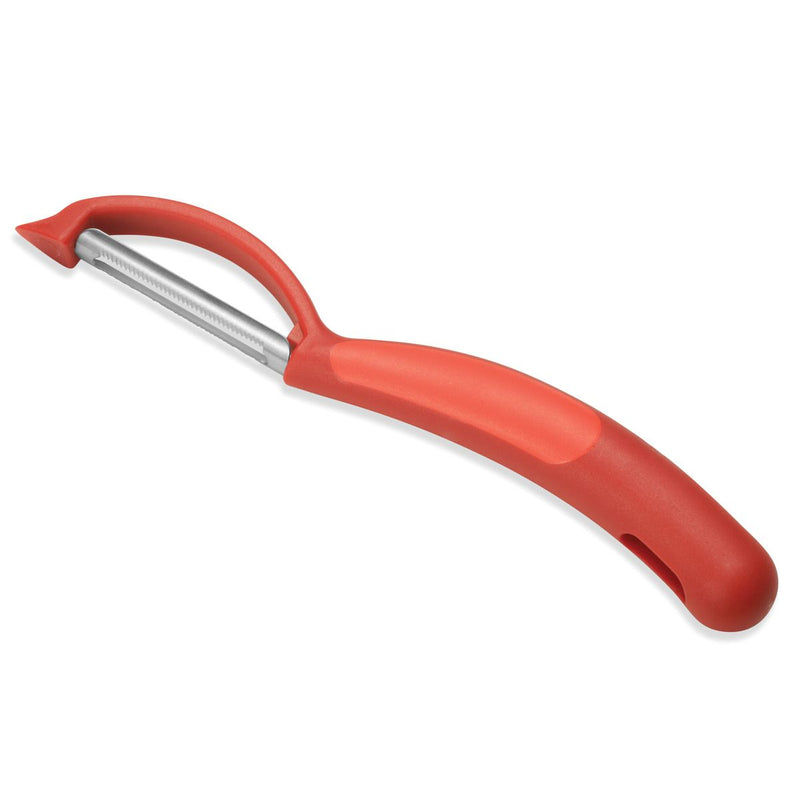 Kuhn Rikon | Piranha Swivel Peeler with serrated stainless steel blade and ergonomic red handle, ideal for peeling fruits and vegetables with ease.