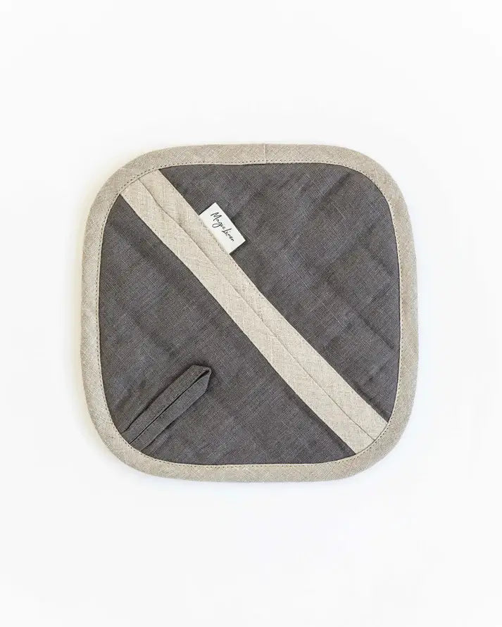 MagicLinen - Linen pot-holder in Charcoal gray with a white stripe, featuring quilted detailing and a hanging loop, ideal for stylish and practical kitchen use.
