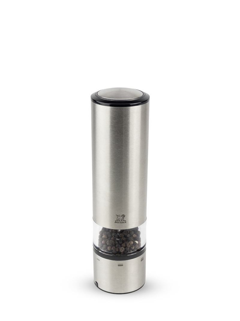 Peugeot | Elis Sense Pepper Mill Stainless/Acrylic, 8 Inches; sleek design with visible peppercorns, advanced touch activation, LED light, and adjustable grind settings, ideal for tech-savvy cooks.